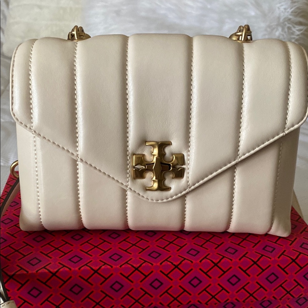 Tory Burch Cream Quilted Crossbody with Gold Logo